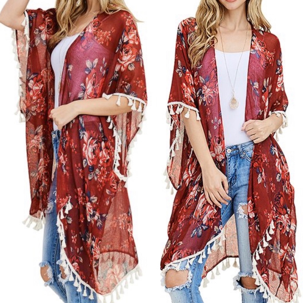 Boho Style Burgundy Kimono w/Tassels